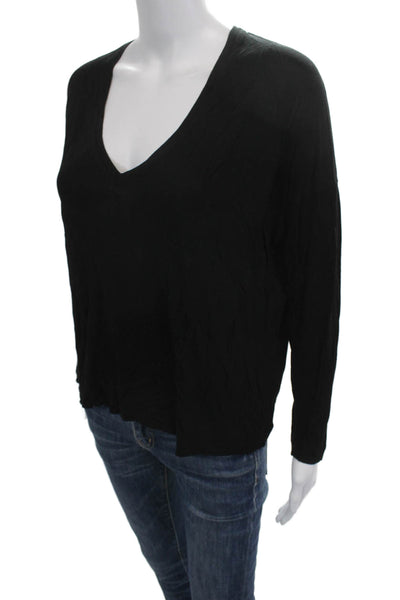 Vince Womens Basic V-Neck Long Sleeve T-Shirt Black Polyester Size M