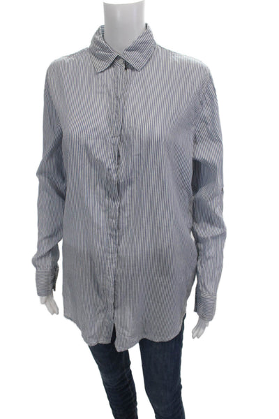 Sundry Women Basic Collared Striped Cotton Button-Up Long Sleeve Blue Size 2
