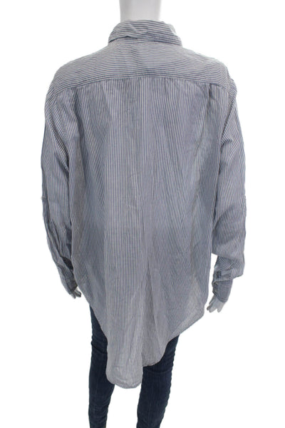 Sundry Women Basic Collared Striped Cotton Button-Up Long Sleeve Blue Size 2