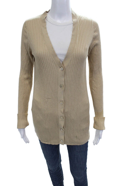 Vince Unisex Cardigan Beige V-Neck Striped Button Long Sleeve Size L