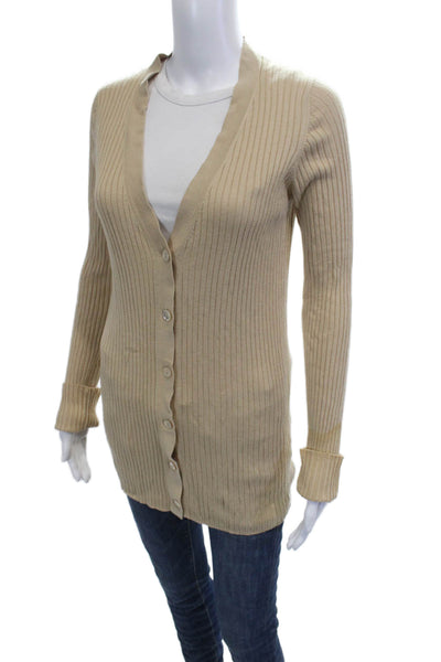 Vince Unisex Cardigan Beige V-Neck Striped Button Long Sleeve Size L