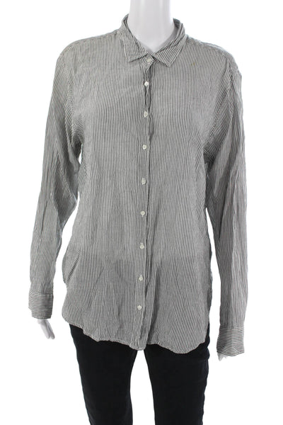 Xirena Womens Striped Collared Button Up Cotton Long Sleeve Top Black Size M