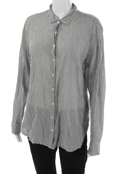 Xirena Womens Striped Collared Button Up Cotton Long Sleeve Top Black Size M