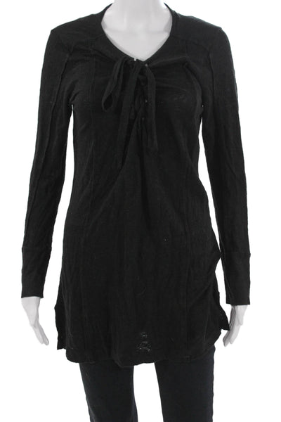 YFB Womens Tunic 100% Linen Black V-Neck Long Sleeve Drawstring Bohemian Size L