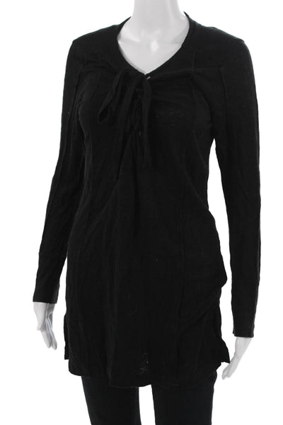 YFB Womens Tunic 100% Linen Black V-Neck Long Sleeve Drawstring Bohemian Size L