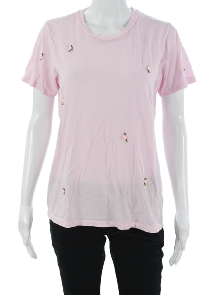 Michael Lauren Women Floral Crew Short Sleeve T-Shirt Pink Cotton Size M