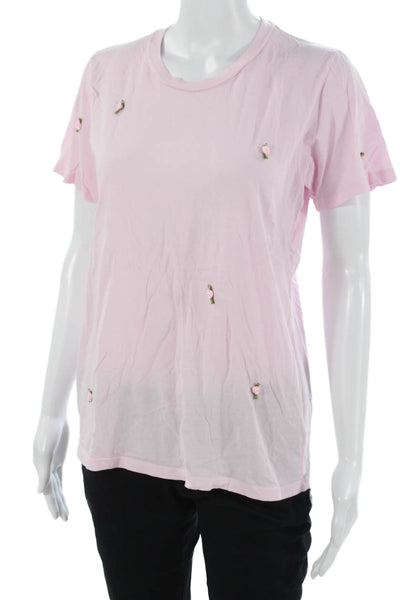 Michael Lauren Women Floral Crew Short Sleeve T-Shirt Pink Cotton Size M