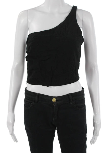 Stillwater Women Cropped Sleeveless Tank Black Rayon Linen Button Size M