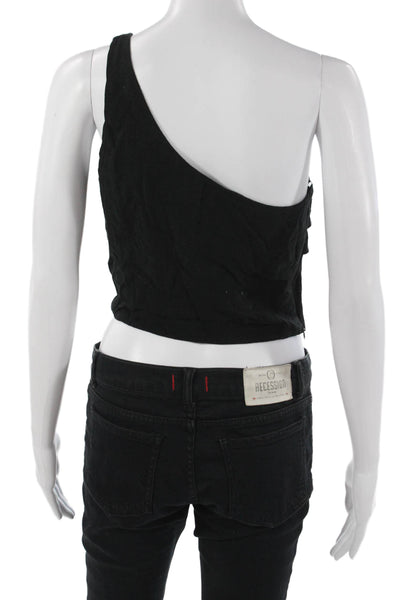 Stillwater Women Cropped Sleeveless Tank Black Rayon Linen Button Size M
