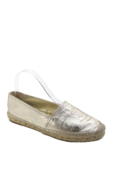 Saint Laurent Womens Metallic Leather Monogram Espadrilles Loafers Gold 38.5