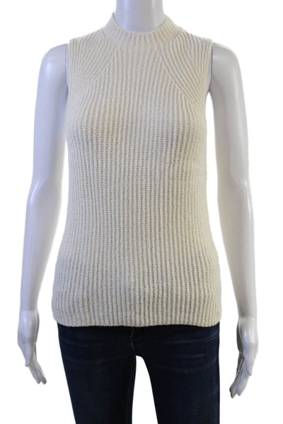 Vince Unisex Striped Sleeveless Mock Neck Vest Beige Cotton Blend Size S