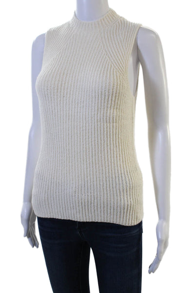 Vince Unisex Striped Sleeveless Mock Neck Vest Beige Cotton Blend Size S