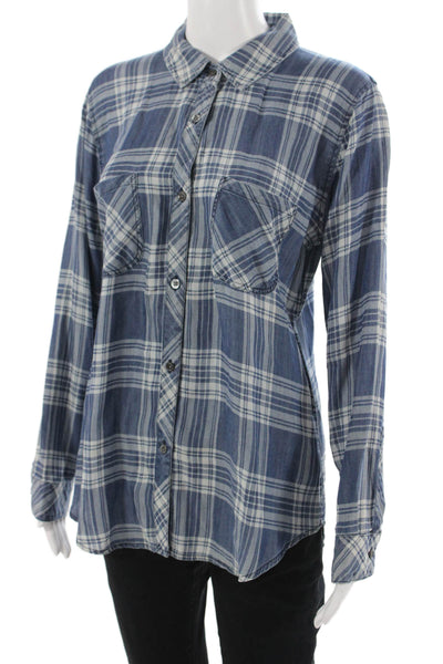 Rails Women Plaid Tencel Button-Up Collared Long Sleeve Blue 90s Size M