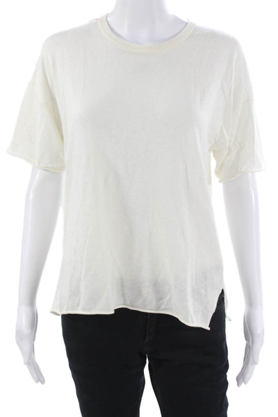Parrish Women White Short Sleeve T-Shirt Crew Neck Cotton Silk Linen Size S