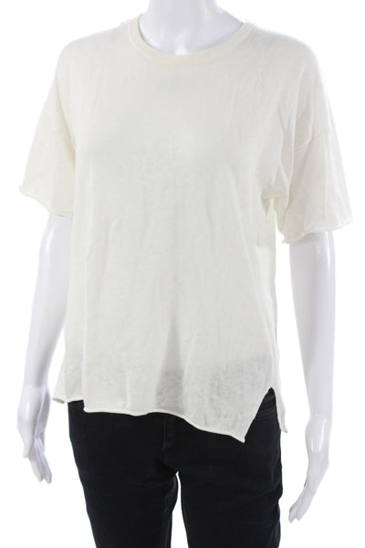 Parrish Women White Short Sleeve T-Shirt Crew Neck Cotton Silk Linen Size S