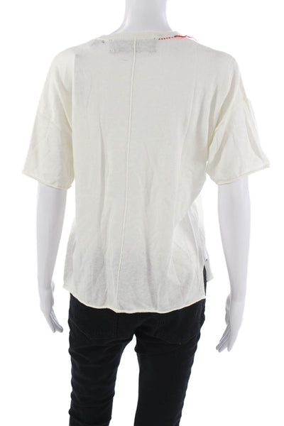 Parrish Women White Short Sleeve T-Shirt Crew Neck Cotton Silk Linen Size S