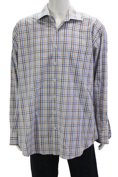 Peter Millar Mens Button Front Collared Plaid Shirt White Blue Brown Size XL