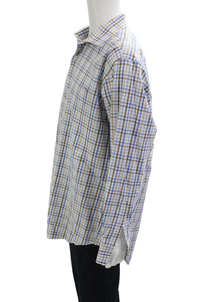 Peter Millar Mens Button Front Collared Plaid Shirt White Blue Brown Size XL