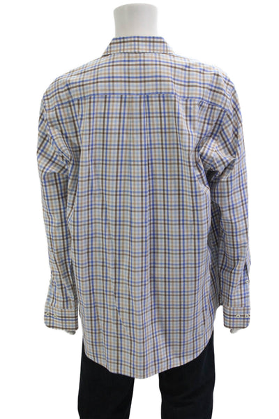 Peter Millar Mens Button Front Collared Plaid Shirt White Blue Brown Size XL
