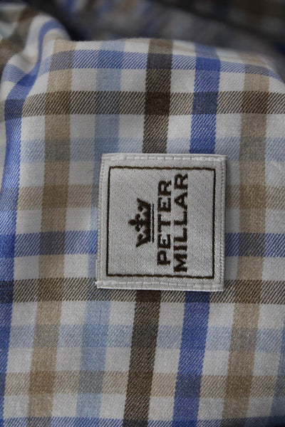 Peter Millar Mens Button Front Collared Plaid Shirt White Blue Brown Size XL