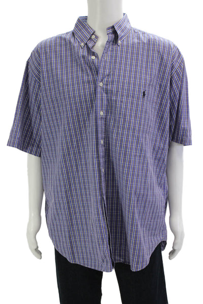 Polo Ralph Lauren Mens Button Front Collared Plaid Shirt Purple White Size XL