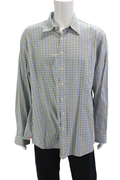 Thomas Pink Mens Button Front Collared Plaid Shirt White Green Blue Size XL