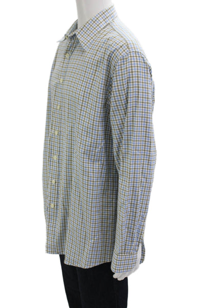 Thomas Pink Mens Button Front Collared Plaid Shirt White Green Blue Size XL
