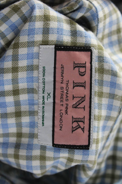 Thomas Pink Mens Button Front Collared Plaid Shirt White Green Blue Size XL