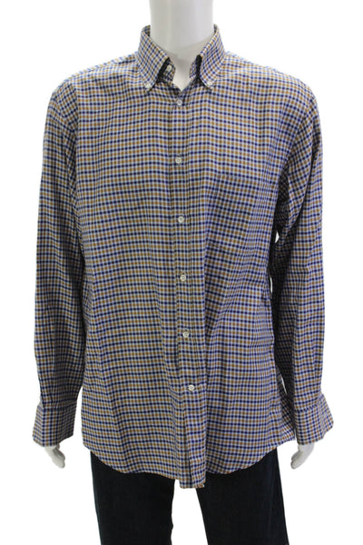 Paul & Shark Mens Button Front Collared Plaid Shirt Navy Yellow Size Large