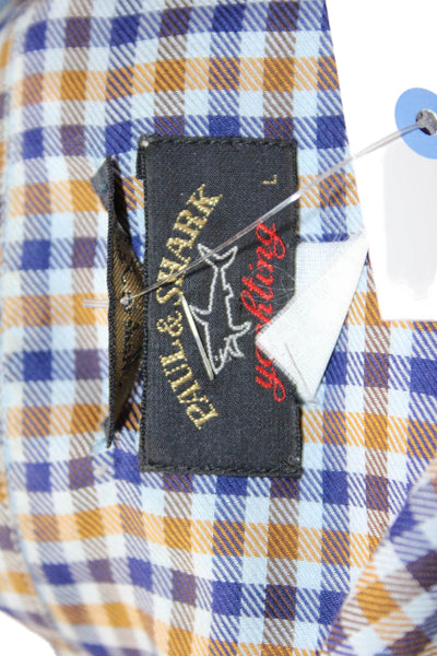 Paul & Shark Mens Button Front Collared Plaid Shirt Navy Yellow Size Large