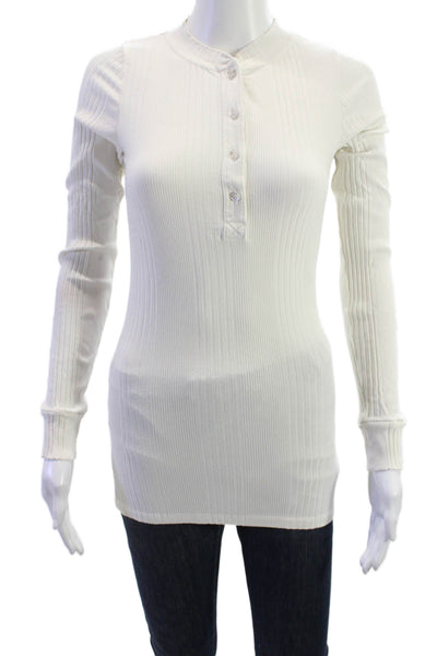 NSF Womens Striped Button-Up Blouse Long Sleeve Crew Neck White Size M
