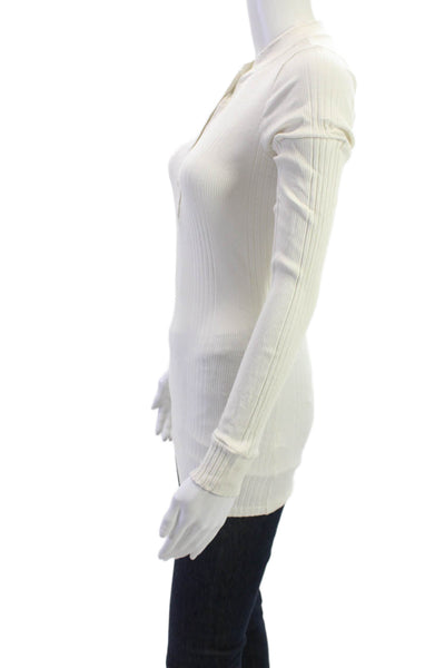 NSF Womens Striped Button-Up Blouse Long Sleeve Crew Neck White Size M