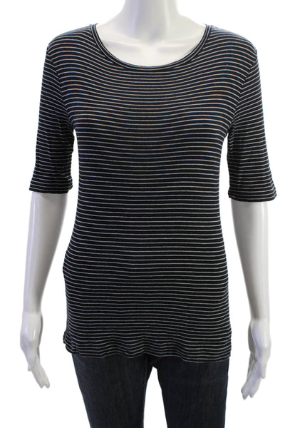 Vince Women Black Striped Jersey T-Shirt Pima Cotton 3/4 Sleeve Size M