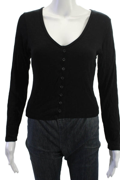 LNA Women Basic V-Neck Long Sleeve Button-Up Black Rayon Spandex 90s Size M