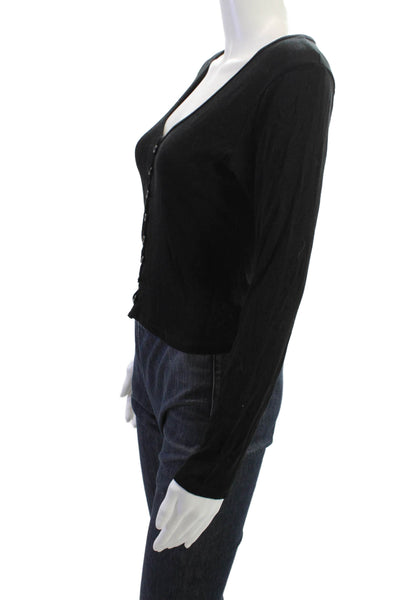 LNA Women Basic V-Neck Long Sleeve Button-Up Black Rayon Spandex 90s Size M