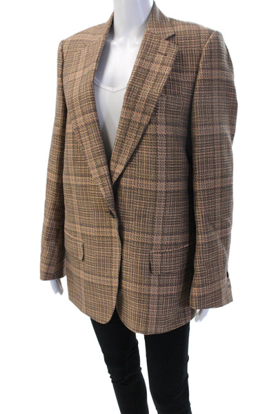 Dries Van Noten Unisex Brown Plaid Blazer V-Neck Cotton Linen Blend Size 34