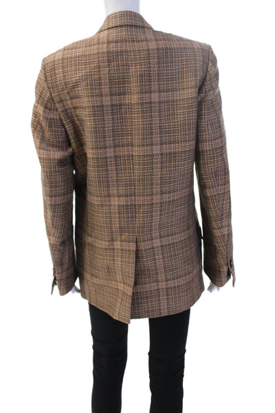 Dries Van Noten Unisex Brown Plaid Blazer V-Neck Cotton Linen Blend Size 34