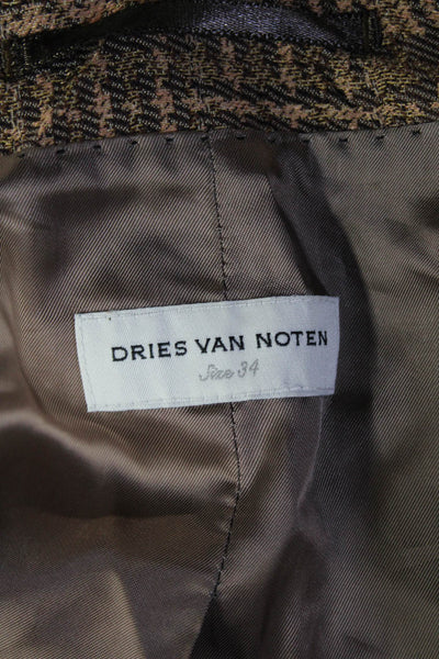 Dries Van Noten Unisex Brown Plaid Blazer V-Neck Cotton Linen Blend Size 34