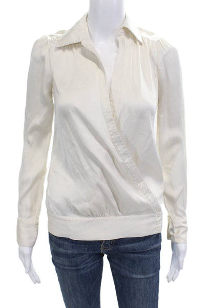BCBGMAXAZRIA Women Beige Silk Blend Collared Button Long Sleeve Blouse Size XS