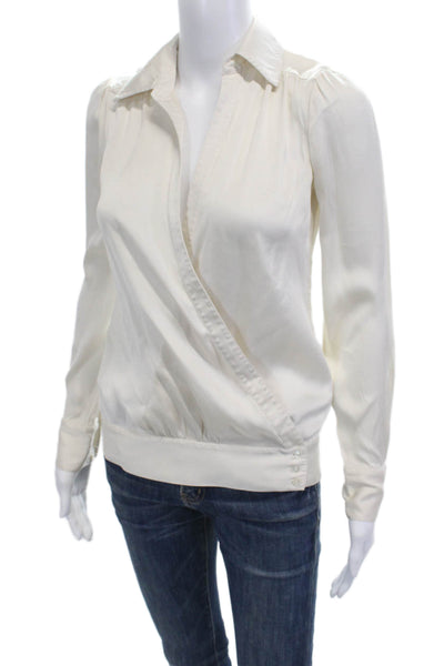 BCBGMAXAZRIA Women Beige Silk Blend Collared Button Long Sleeve Blouse Size XS