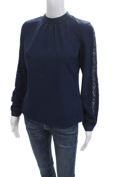 Brooks Brothers Womens Long Sleeve Mock Neck Polyester Blouse Dark Blue Size 0P