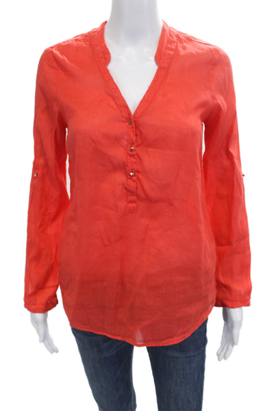 Zara Womens V-Neck Tunic Blouse Red Long Sleeve Ramie Cotton Blend Size XS