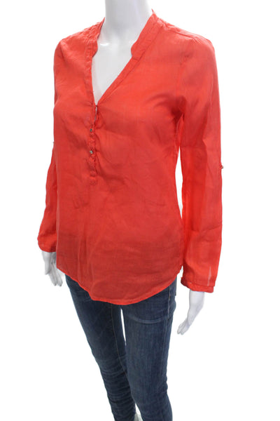 Zara Womens V-Neck Tunic Blouse Red Long Sleeve Ramie Cotton Blend Size XS