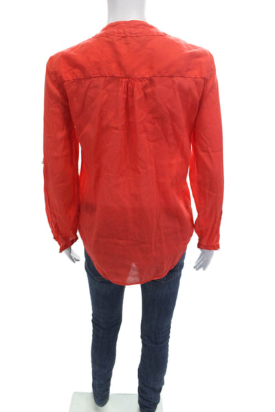 Zara Womens V-Neck Tunic Blouse Red Long Sleeve Ramie Cotton Blend Size XS