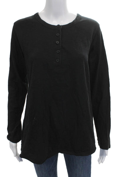 Leallo Womens Basic Button-Up Long Sleeve Black Cotton Top Size L