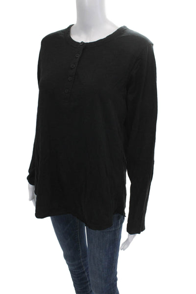 Leallo Womens Basic Button-Up Long Sleeve Black Cotton Top Size L