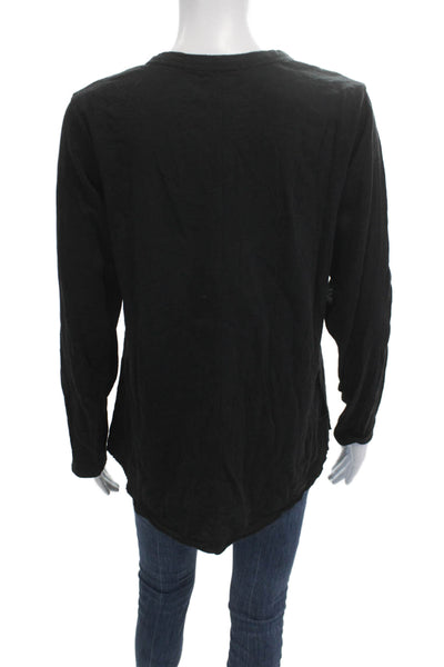 Leallo Womens Basic Button-Up Long Sleeve Black Cotton Top Size L