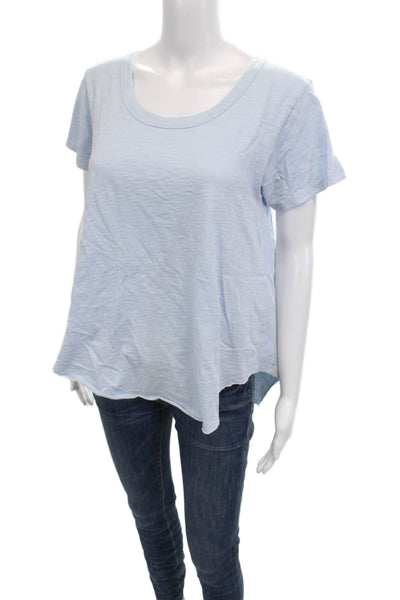 Leallo Women Light Blue Cotton Basic Short Sleeve T-Shirt Round Neck Size L
