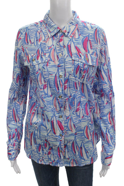 Lilly Pulitzer Women Blue Graphic Collared Button-Up Cotton Long Sleeve Size 10