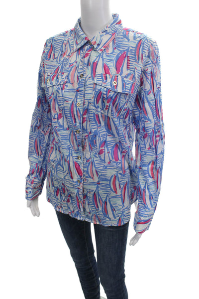 Lilly Pulitzer Women Blue Graphic Collared Button-Up Cotton Long Sleeve Size 10